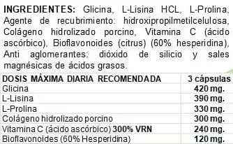 Tabla ingredientes del suplemento fisiológico Colagenvet